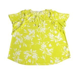 Susan Graver Top Womens 1X Yellow Floral Liquid‎ Knit Short Flutter Sleeve Tie